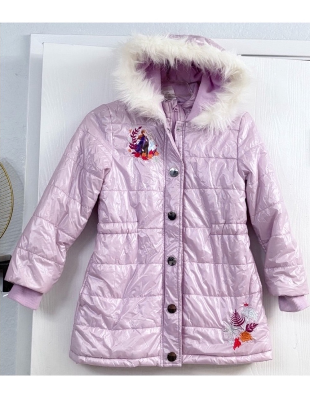 Disney Frozen Light Purple Quilted Hooded Puffer Coat with Faux Fur Trim Sz 7/8